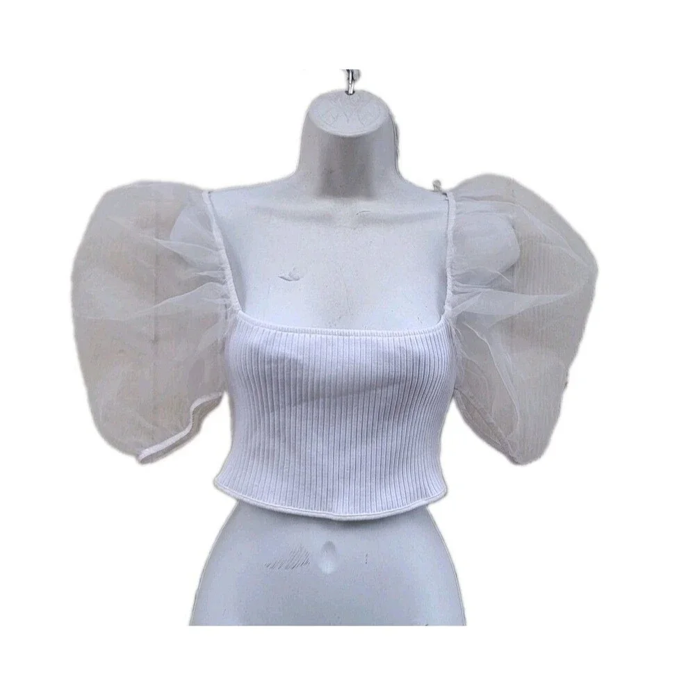 Zara White Puff Sheer Sleeve Square Neck Crop Top Sz M Fairy Feminine